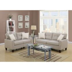 2 Piece Glossy Polyfiber Sofa Set - Beige