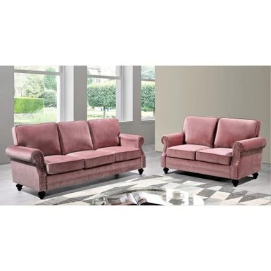 Suffield Velvet Nailhead 2-Piece Set-Loveseat & Sofa - Pink 3 Suffield Velvet Nailhead 2-Piece Set-Loveseat & Sofa - Pink