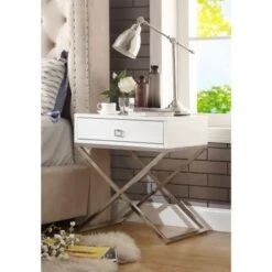 Square Lacquer X-Legs End Table/Accent Table/Nightstand With Drawer - White Chrome -Baxton Acme Shop cfa39d92 c226 4790 8454 fcee620f3925