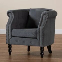Baxton Studio Renessa Classic & Traditional Velvet Upholstered Wood Armchair - Beige, Dark Brown -Baxton Acme Shop d4b6de61 9ddb 4f32 a13b 81d5a5088237