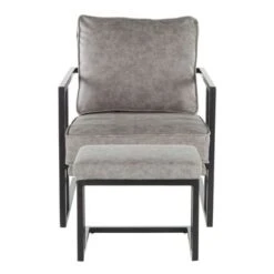 Roman Industrial Faux Leather Lounge Chair & Ottoman Set - N/A - Grey