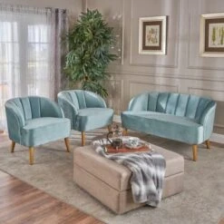Amaia Modern 3-piece Velvet Chat Set By Christopher Knight Home - Cobalt + Walnut -Baxton Acme Shop d9fe22e8 093d 49e6 a17e 30013f125320