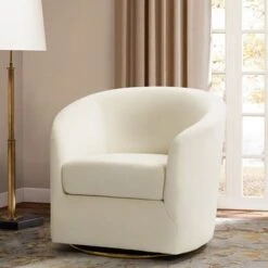 Eleuterio Modern Velvet Curved Swivel Accent Barrel Chair With Metal Base By HULALA HOME - IVORY