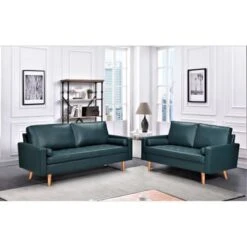 Rumaisa 2 Piece Faux Leather Foam Living Room Set - Dark Ocean Blue