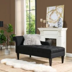 Harrison Tufted Roll Arm Chaise Lounge - Jet Black Woven