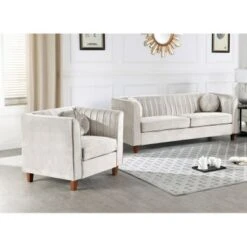 Arvilla Velvet Kitts Classic Chesterfield Living Room Seat-Sofa And Chair - Beige