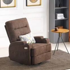 Mcombo Electric Power Swivel Glider Recliner Chair With Heat And USB Ports, Pillow, Cup Holders, Remote Control, Fabric 7752 - Brown -Baxton Acme Shop eea16875 99d9 45ab 8f8d ed1ff576ffb4