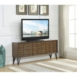 Somette Oxford Distressed Brown Three Door Media Console - 64"W X 16"L X 29.5"H - 64"W X 16"L X 29.5"H - Oxford Distressed Brown -Baxton Acme Shop f42ddc16 9e4a 4854 b082 248caaf083a1