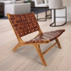 WAREHOUSE OF TIFFANY Brisot Square Weave Leather On Teak Wood Lounge Chair - Black -Baxton Acme Shop f531d7f8 afec 46aa a1e7 3c9afee7556a
