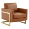 LeisureMod Lincoln Mid-Century Leather Accent Chair With Gold Frame - 34" - Cognac Tan