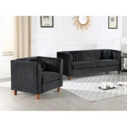 Arvilla Velvet Kitts Classic Chesterfield Living Room Seat-Sofa And Chair - Beige -Baxton Acme Shop f9ec18ae 0407 4316 8a80 e934f5cdbb7f