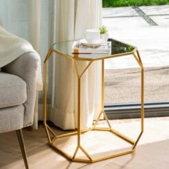 Glitzhome Set Of 2 Glam Glass Modern Side Table Sofa Table - Octagon-Gold -Baxton Acme Shop facacf70 c53e 4afd 9d9d 9302ed6ca4aa