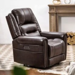 Lazell Genuine Top Grain Leather Power Recliner - Brown