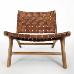 WAREHOUSE OF TIFFANY Brisot Square Weave Leather On Teak Wood Lounge Chair - Black -Baxton Acme Shop fdb63501 296b 46af ab5d 19d01043b019